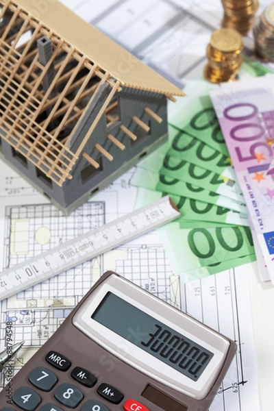 Obraz Hausbau, Eigenheim, Architektenplan, Euroscheine, Tischrechner