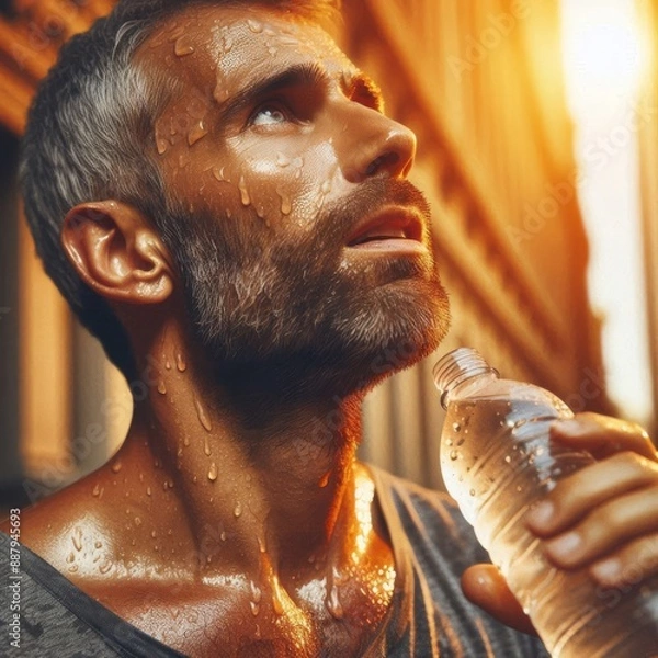 Obraz A man drinking water suffering from the heat
