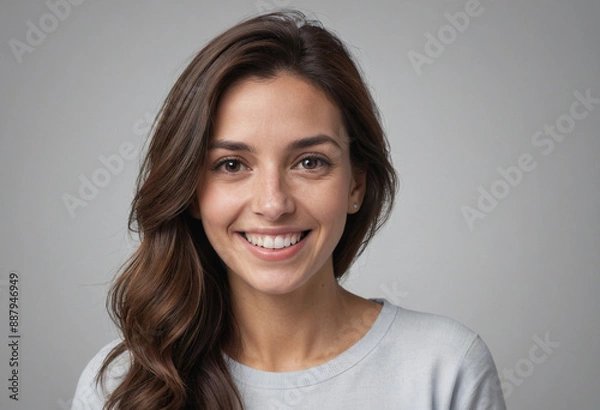 Fototapeta Portrait view of a regular happy smiling Argentina woman, ultra realistic, candid, social media, avatar image, plain solid background