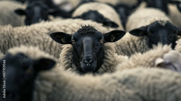 Fototapeta The Black Sheep In The Herd Of White Sheep