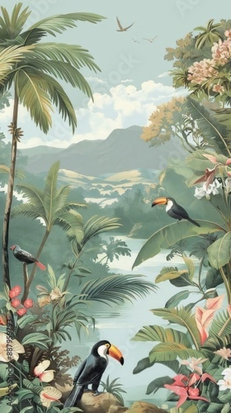 Fototapeta Enchanted Rainforest Vintage Jungle Scene with Toucans, Panthers, and Pastel Palm Trees. Captivating Wallpaper of Exotic Flowers and Rolling Hills in Soft Hues.
