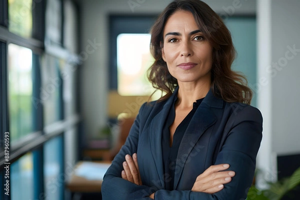 Fototapeta a confident Latin middle-aged businesswoman stands in her office with her arms crossed, looking directly at the camera for a portrait