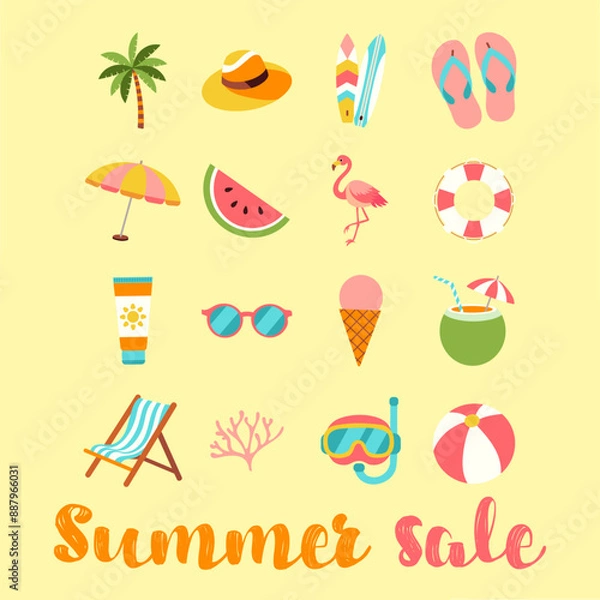 Fototapeta A colorful poster with various beach and summer items, including a chair, sunglasses, and a flamingo