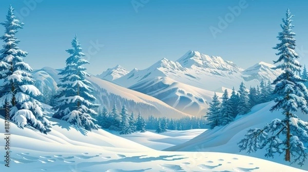 Obraz Snow Covered Mountain Range Landscape with Pine Trees and Pristine White Snow, Drawing illustration.