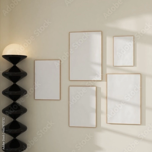 Obraz Five vertical frames, gallery wall art mockup on white wall. 5 empty posters with light reflection, modern scene template. 3D render