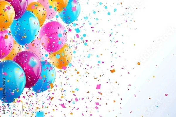 Fototapeta Celebration background with balloons and confetti, isolated on white background Generative Ai