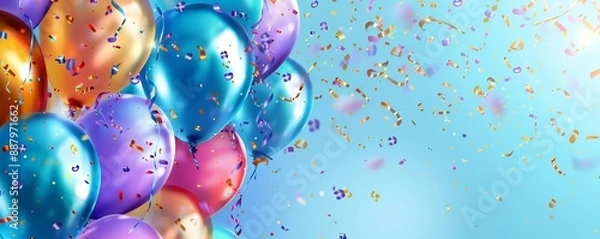 Fototapeta Celebration background with balloons and confetti, isolated on white background Generative Ai