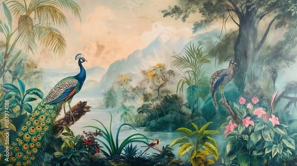 Fototapeta Vintage wallpaper of tropical rainforest with peacocks and tree frogs, pastel color, oil painting style. 