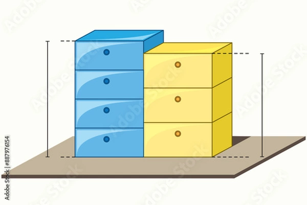 Obraz Cabinet with doors and drawers. Coffee table with drawers. Two different coffee tables and cabinets against the wall. Mathematics, geometry, physics.