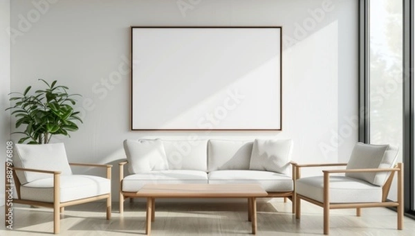 Fototapeta A simple and clean mockup of an empty poster frame on the wall in front, above a white sofa with two armchairs