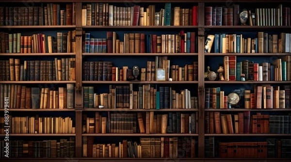 Fototapeta A vast bookshelf in a public library, meticulously organized,