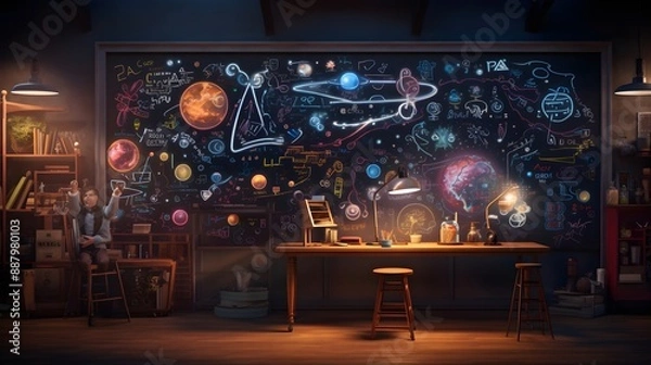 Fototapeta An educational blackboard showcasing imaginative artwork