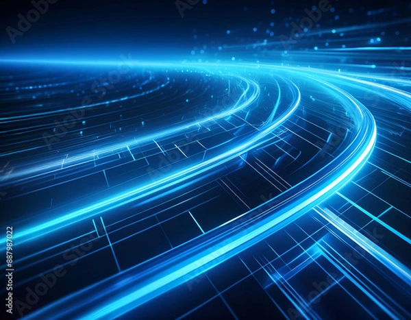 Fototapeta Dynamic blue light streaks that curve and flow across a dark background, giving the impression of high-speed movement