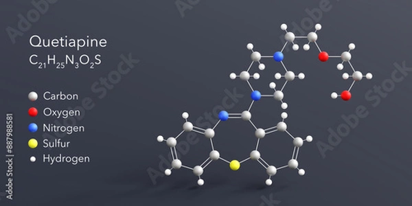 Fototapeta quetiapine molecule 3d rendering, flat molecular structure with chemical formula and atoms color coding