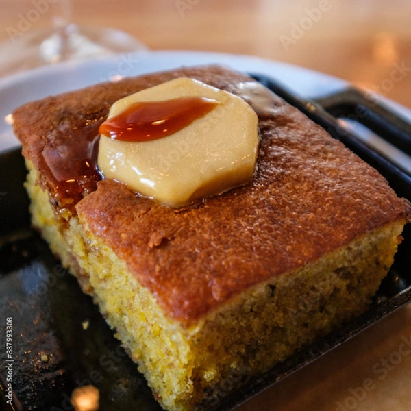 Fototapeta delicious cornbread with butter and jam