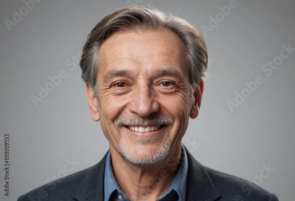 Fototapeta Portrait view of a regular happy smiling Romania old man, ultra realistic, candid, social media, avatar image, plain solid background