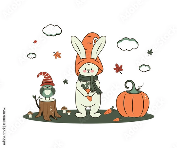 Fototapeta A cute children's illustration with a funny rabbit in a hat and a cute bird. Vector design for postcards, covers, banners and more.