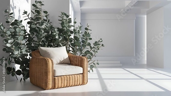 Fototapeta Living room interior with wicker armchair and eucalyptus plant, white wall mock up background. Empty wall, copy space, 3D render