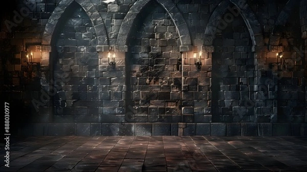 Fototapeta dark medieval castle hall with gothic arches and torches