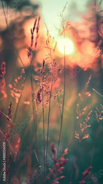 Fototapeta wildgrass at sunrise with blurred background, created with generative AI technology