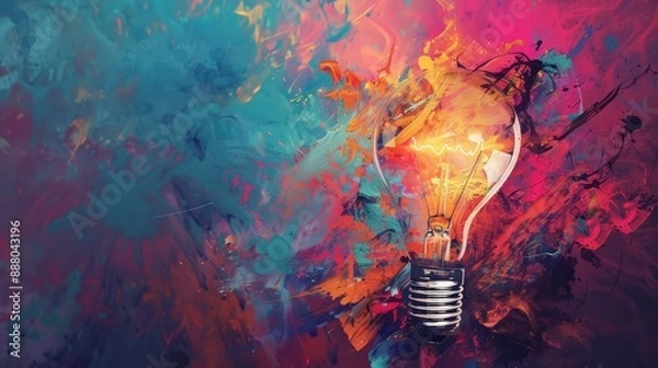 Obraz Painted Inspiration, Oil Paint Mix Lightbulb Illustration, Symbolizing the Spark of Creativity and the Beauty of Artistic Expression