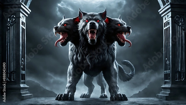 Fototapeta Cerberus, the three head infernal dog of the entrance to the hell in Greek mythology. 