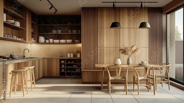 Obraz 温かみある木を内装の基調としたダイニングキッチンの内観パース｜建築パース