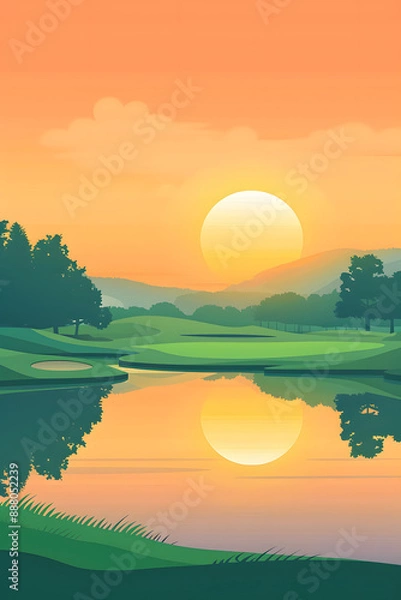 Fototapeta A beautiful green field with a golf course and a golf ball