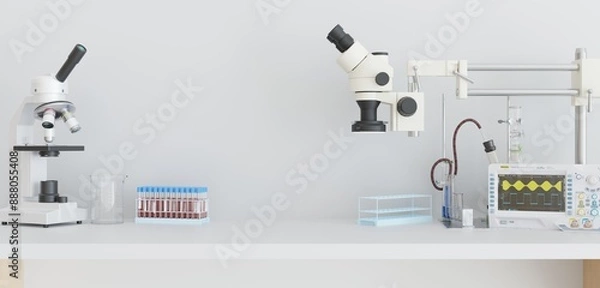 Obraz Laboratory, scientist work desk microscope 3D illustration