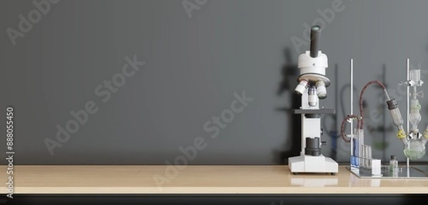 Fototapeta Laboratory, scientist work desk microscope 3D illustration
