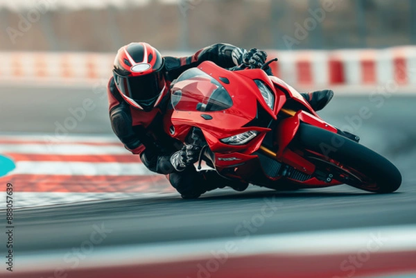 Fototapeta A skilled motorcycle rider in action, leaning into a sharp turn on the race track with a fast red sport bike. on the way,Womens Equality Day. Poster