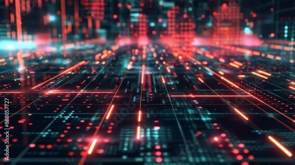 Fototapeta Abstract Digital Network with Red and Blue Lights.