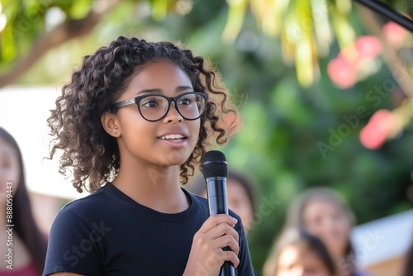 Fototapeta A confident young woman with glasses is speaking into a microphone at an outdoor event, engaging with the audience. women's speaking, Womens Equality Day
