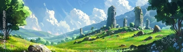 Fototapeta Generate a concept art image of a beautiful landscape with rolling green hills, a blue sky, and ancient stone ruins. The image should be in the style of an oil painting.
