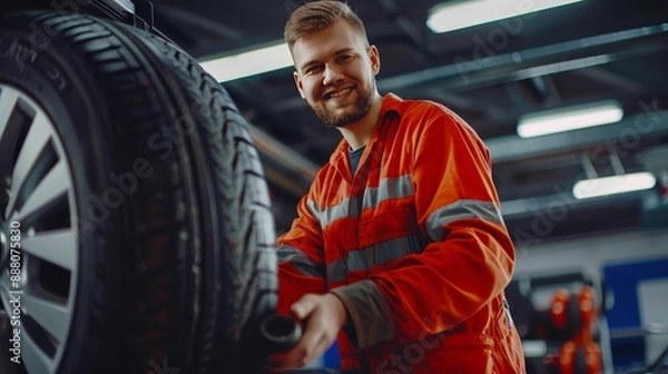 Fototapeta Young Smiling Mechanic in Red Coverall Holding Auto Tires and Preparing to Change Wheel in Car Service Garage. Automotive Maintenance and Repair Service with Professional Technician