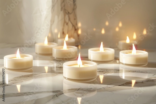 Fototapeta a hyperrealistic photo of a set of elegant spa candles in soft, natural tones, arranged on a marble surface with flickering flames and gentle shadows, exuding a serene and luxurious ambiance