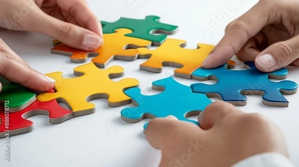 Fototapeta Hands of diverse individuals collaborating to put together colorful interlocking puzzle pieces.