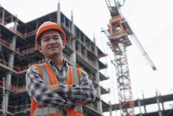 Fototapeta A young engineer proudly stands in front of a large construction project that they helped to oversee.