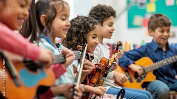 Obraz Diverse group of elementary school students happily playing string instruments during music lesson