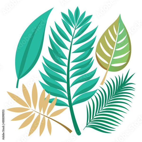 Fototapeta Tropical different types of exotic leaves set. Jungle plants. Calathea, Monstera, and palm leaves. Realistic vector  illustration isolated on a white background