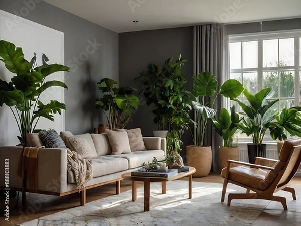 Fototapeta Chic Living Room Decor Featuring Stunning House Plants