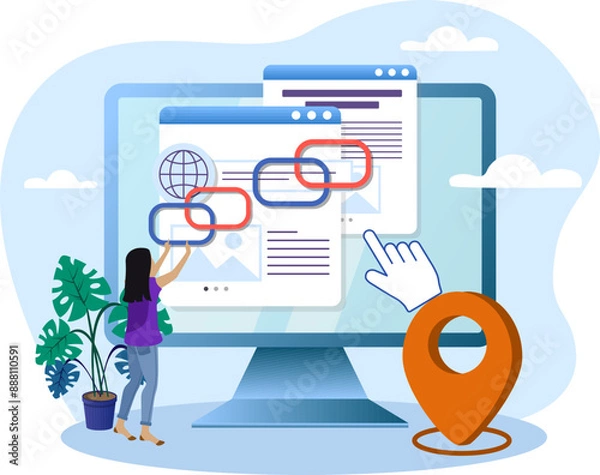 Fototapeta Website developer building backlinks for seo and higher ranking in search engine results