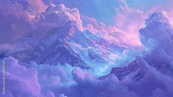 Fototapeta Snowy Mountain Peaks Emerging From Pastel Clouds
