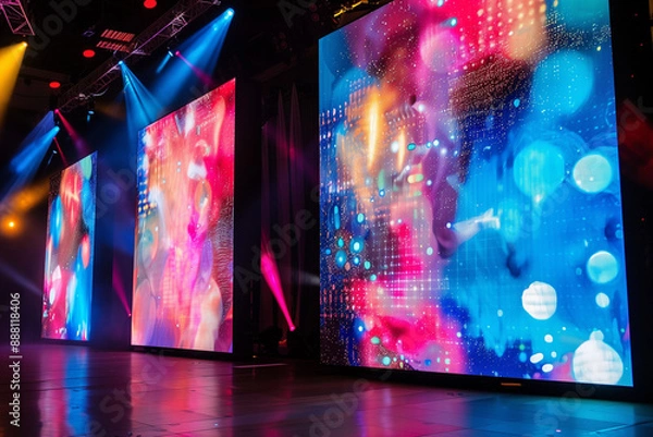 Fototapeta Large led projection screens. Colorful abstract background. Light show on the stage.	