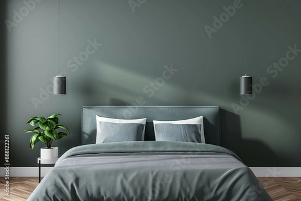 Fototapeta scandinavian bdaroom with bed in mose color 