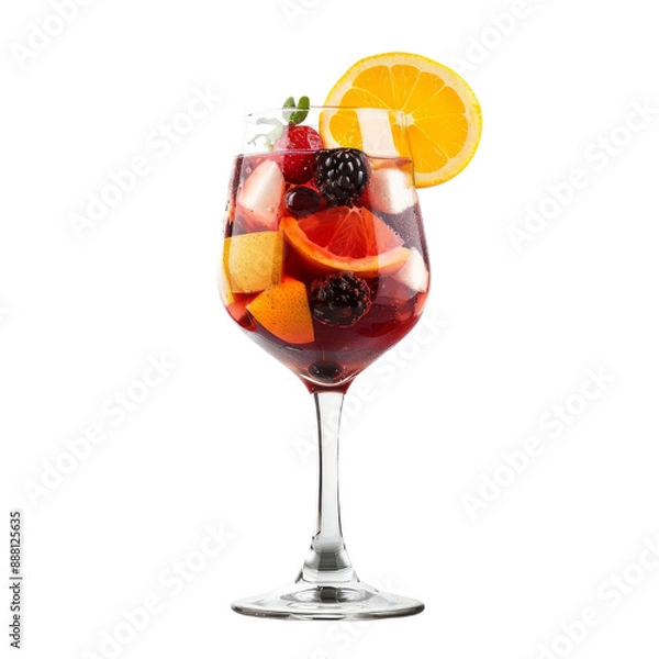 Obraz A refreshing glass of sangria with orange, berries, and ice. Perfect for summer parties and gatherings.