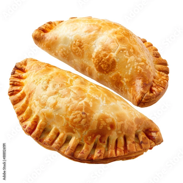 Obraz Two golden brown empanadas with a flaky crust,  isolated on a white background.