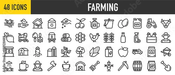Obraz 48 Farming icon set. Fields, Organic, Eco House, Fertilizer, Feeding, Fruits, Pesticide, Bucket, Fertilizer, Egg, Cow, Tractor, Beet, Combine Harvester, Farming Tools, Hay collection.	
