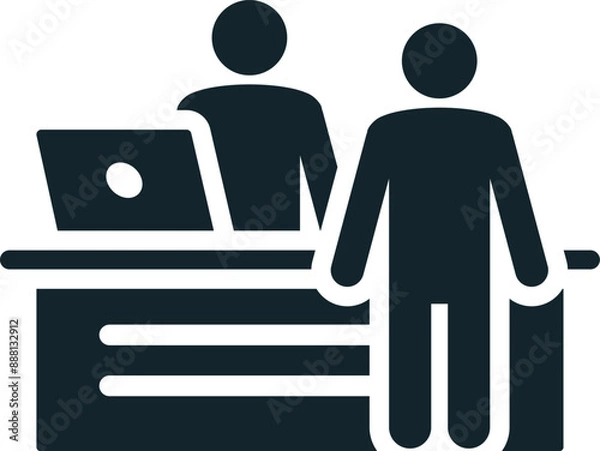 Fototapeta Businessman standing at reception desk talking to receptionist icon