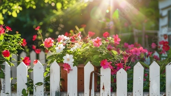 Fototapeta Gardening - Set Of Tools For Gardener And Flowerpots In Sunny Garden